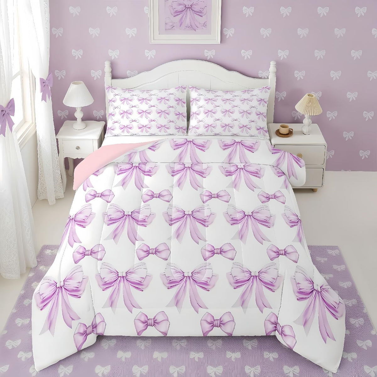 Erosebridal Cute Pink Bow Twin Bedding Set for Girls,Ribbon Bow Knot Comforter Set for Kids Kawaii Room Decor,Princess Bowknot Bed Set Girly Pink Bows Bedding Comforter Sets,1 Pillowcase