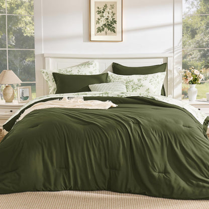 Litanika Floral Queen Comforter Set, 7 Peices Olive Green Bed in a Bag