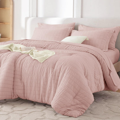 MUXHOMO Queen Comforter Set 7 Pieces, Seersucker Bed in a Bag, Beige