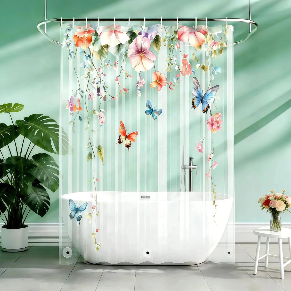 Clear Green Ivy Leaves Shower Curtain Liner, Transparent Plastic Nature Green Botanical Leaf Decorative Waterproof Shower Curtains for Bathroom, 72x72 Weighted Magnetic Shower Curtain Liner with Hooks