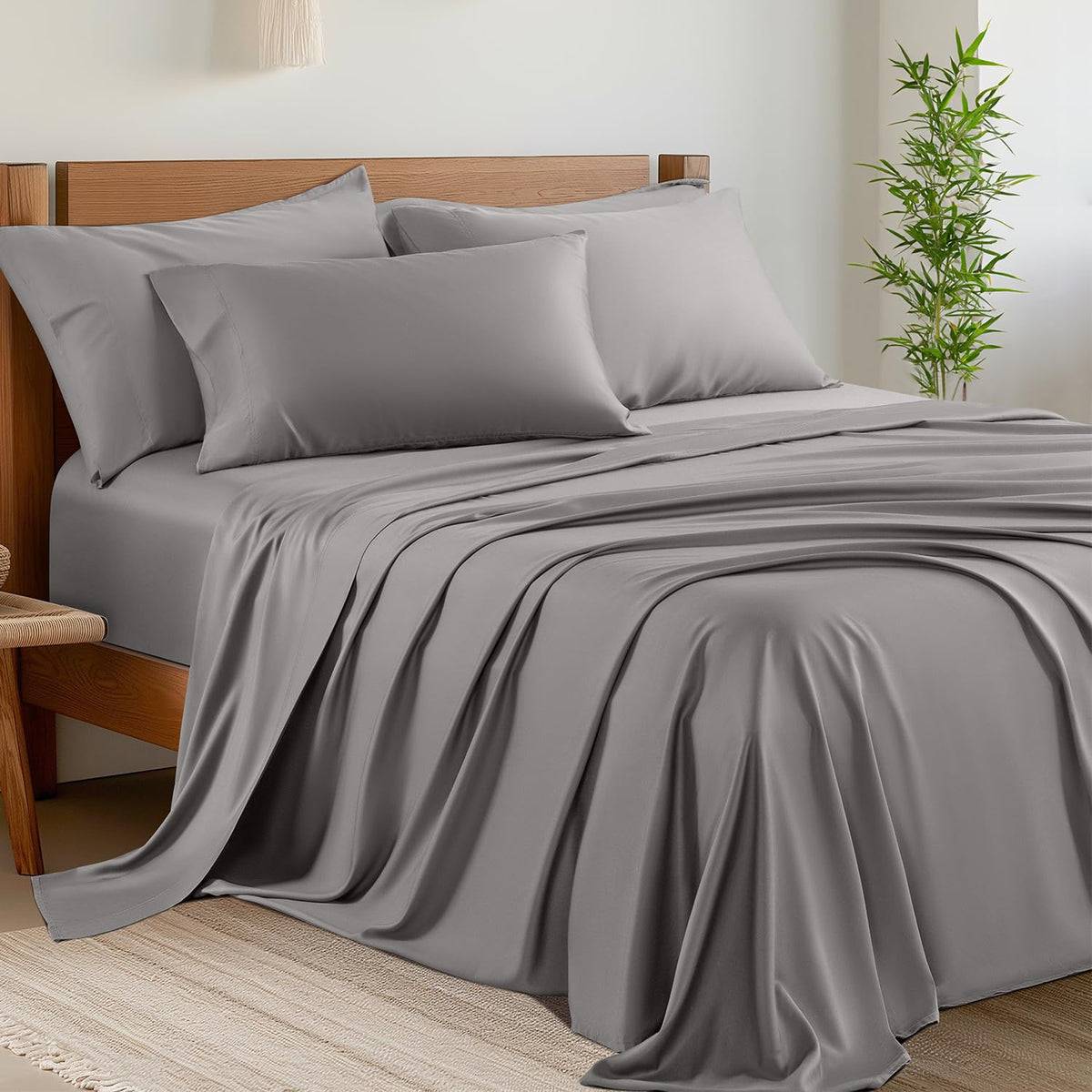 Shilucheng 6 Piece Queen Sheet Sets, Cooling Sheets, Dark Grey