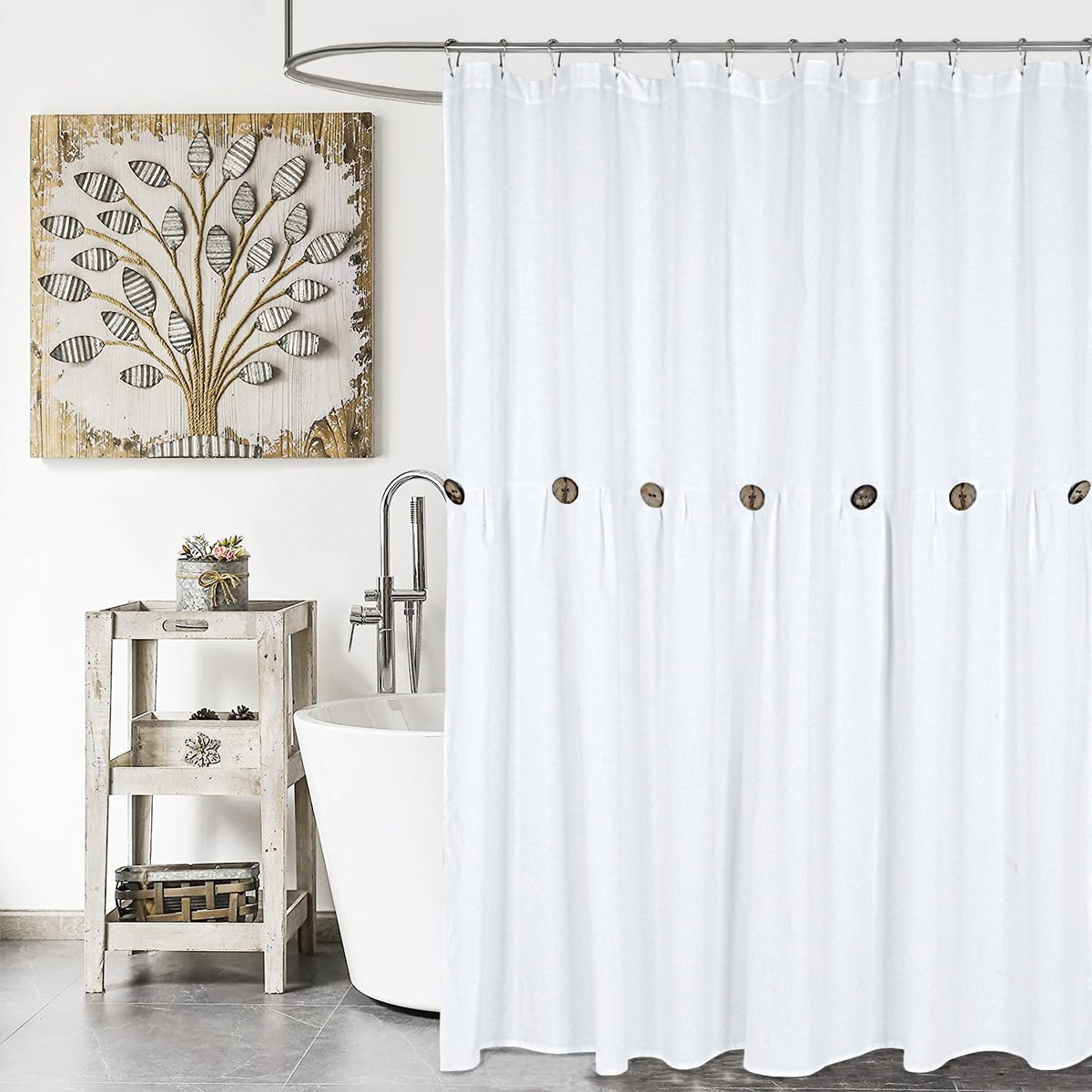 DOSLY IDÉES Farmhouse Shower Curtain,Beige and Gray Stripe,Button Curtain,Linen and Cotton Woven Fabric,Rustic Charm Country Chic Style,72x72 in