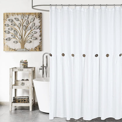 DOSLY IDÉES Farmhouse Shower Curtain,Beige and Gray Stripe,Button Curtain,Linen and Cotton Woven Fabric,Rustic Charm Country Chic Style,72x72 in