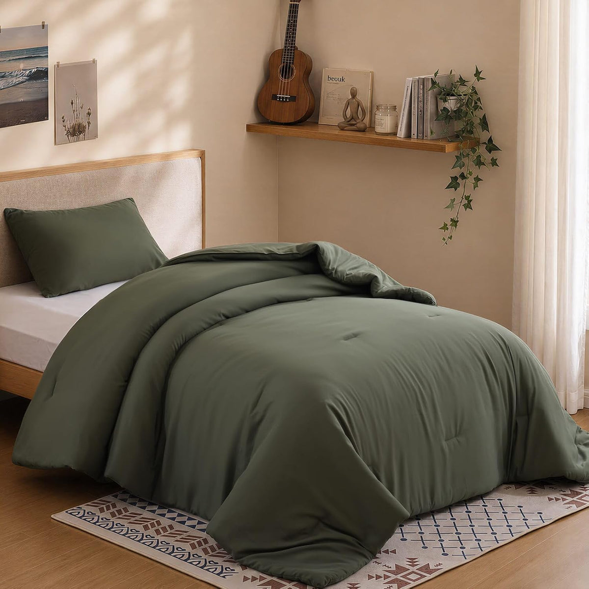 ROSGONIA King Size Comforter Set Olive Green, 3pcs (1 Boho Comforter & 2 Pillowcases), Lightweight Bedding Blanket All Season Bedspreads Quilt