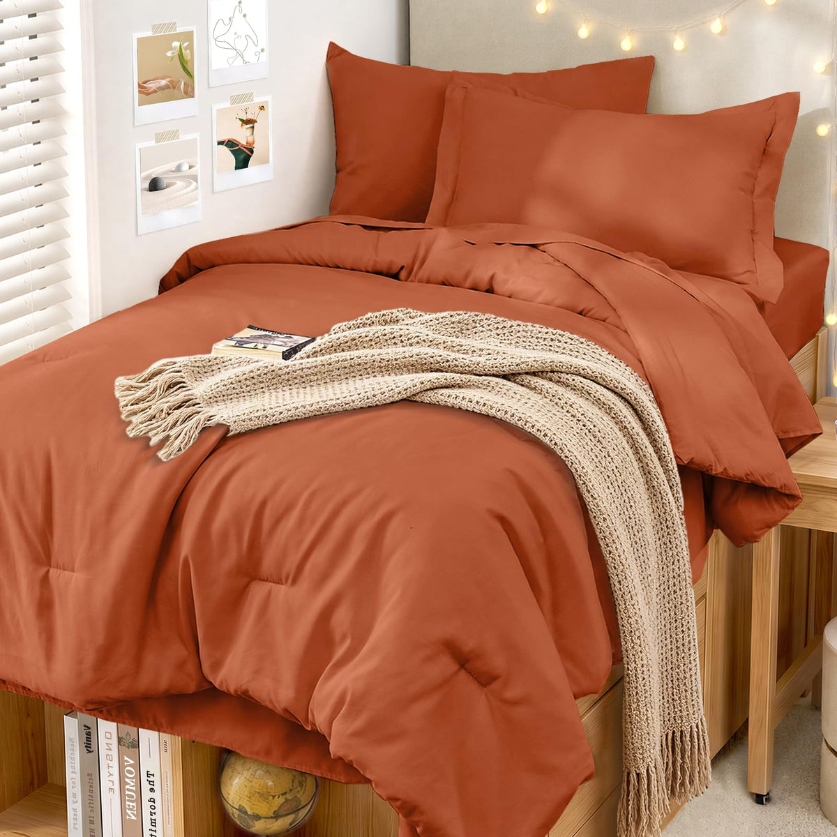 MUXHOMO Queen Comforter Set 7 Pieces, Soft Bed in a Bag, Beige