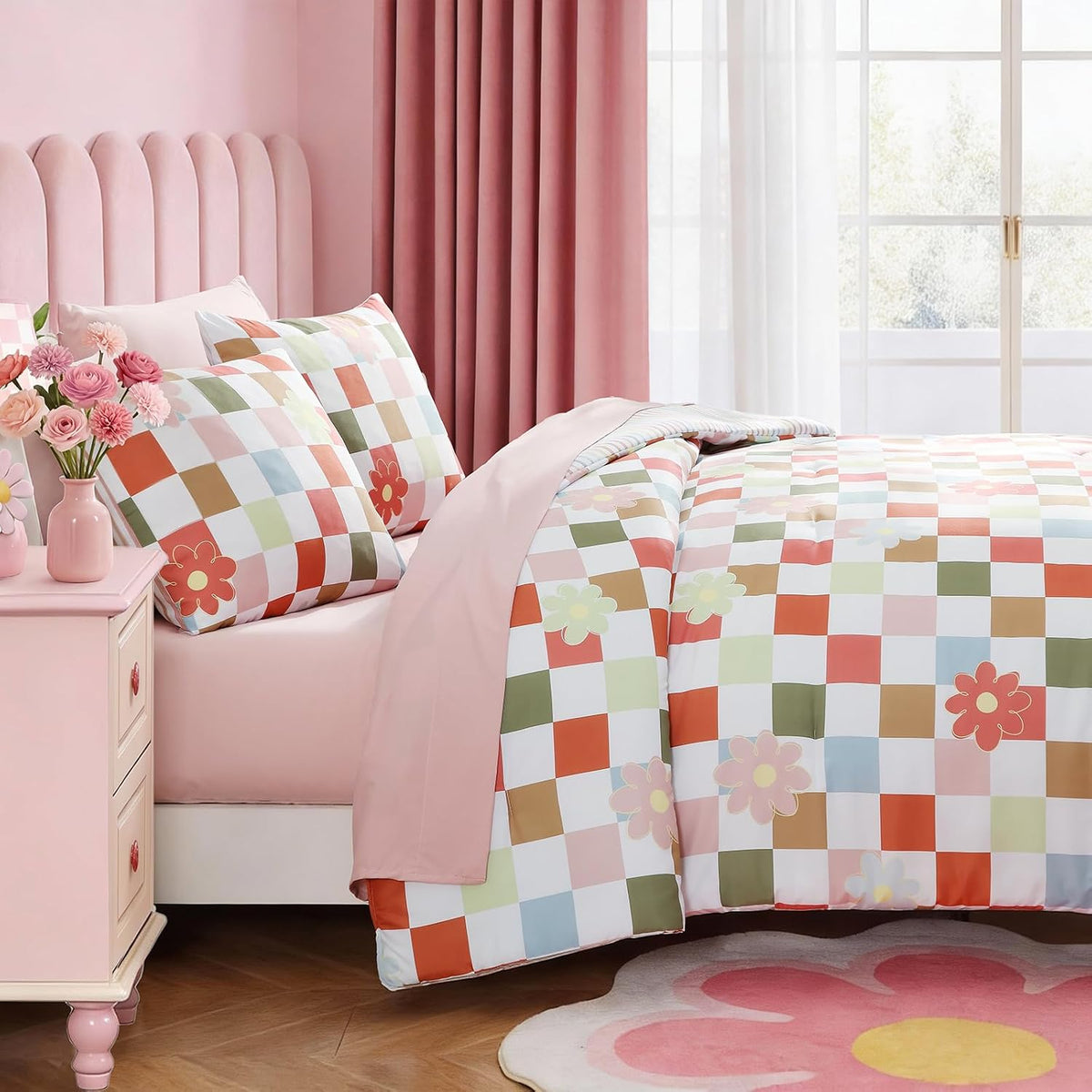 Twin XL Comforter Set for Girls Colorful Checkered Bed in a Bag 5 Pieces