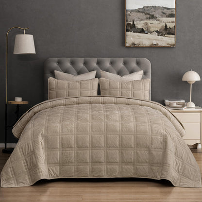PHF Diamond Pattern Luxury Velvet Quilt Set Queen Size, Sand