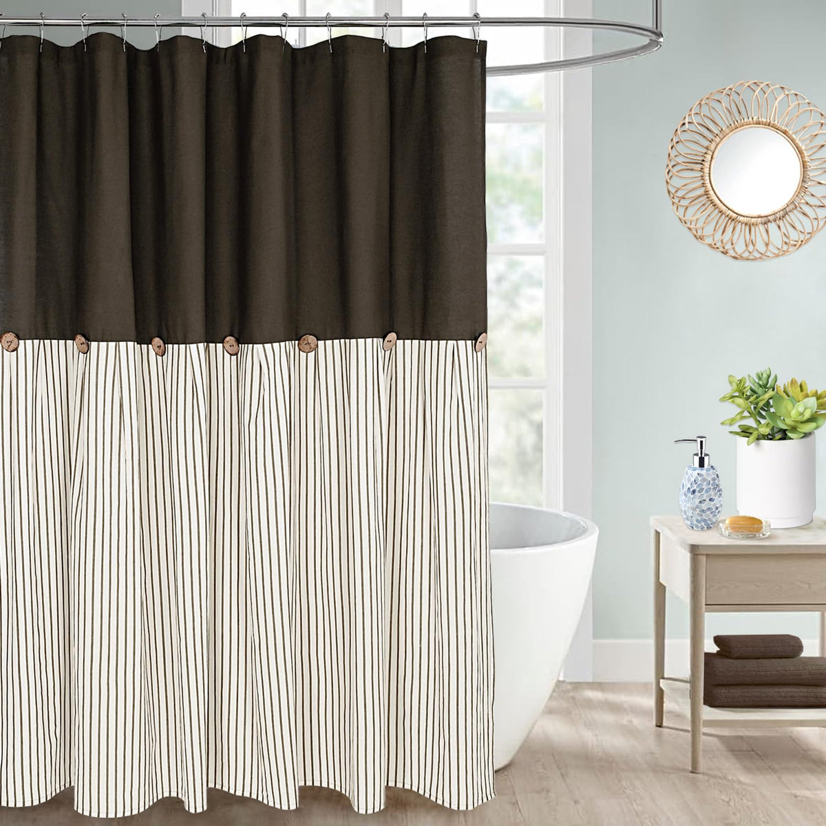 DOSLY IDÉES Farmhouse Shower Curtain,Beige and Gray Stripe,Button Curtain,Linen and Cotton Woven Fabric,Rustic Charm Country Chic Style,72x72 in