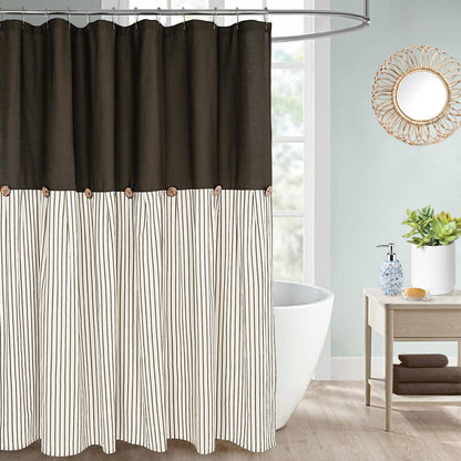 DOSLY IDÉES Farmhouse Shower Curtain,Beige and Gray Stripe,Button Curtain,Linen and Cotton Woven Fabric,Rustic Charm Country Chic Style,72x72 in