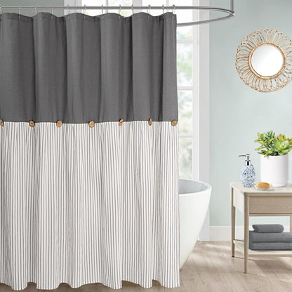 DOSLY IDÉES Farmhouse Shower Curtain,Beige and Gray Stripe,Button Curtain,Linen and Cotton Woven Fabric,Rustic Charm Country Chic Style,72x72 in