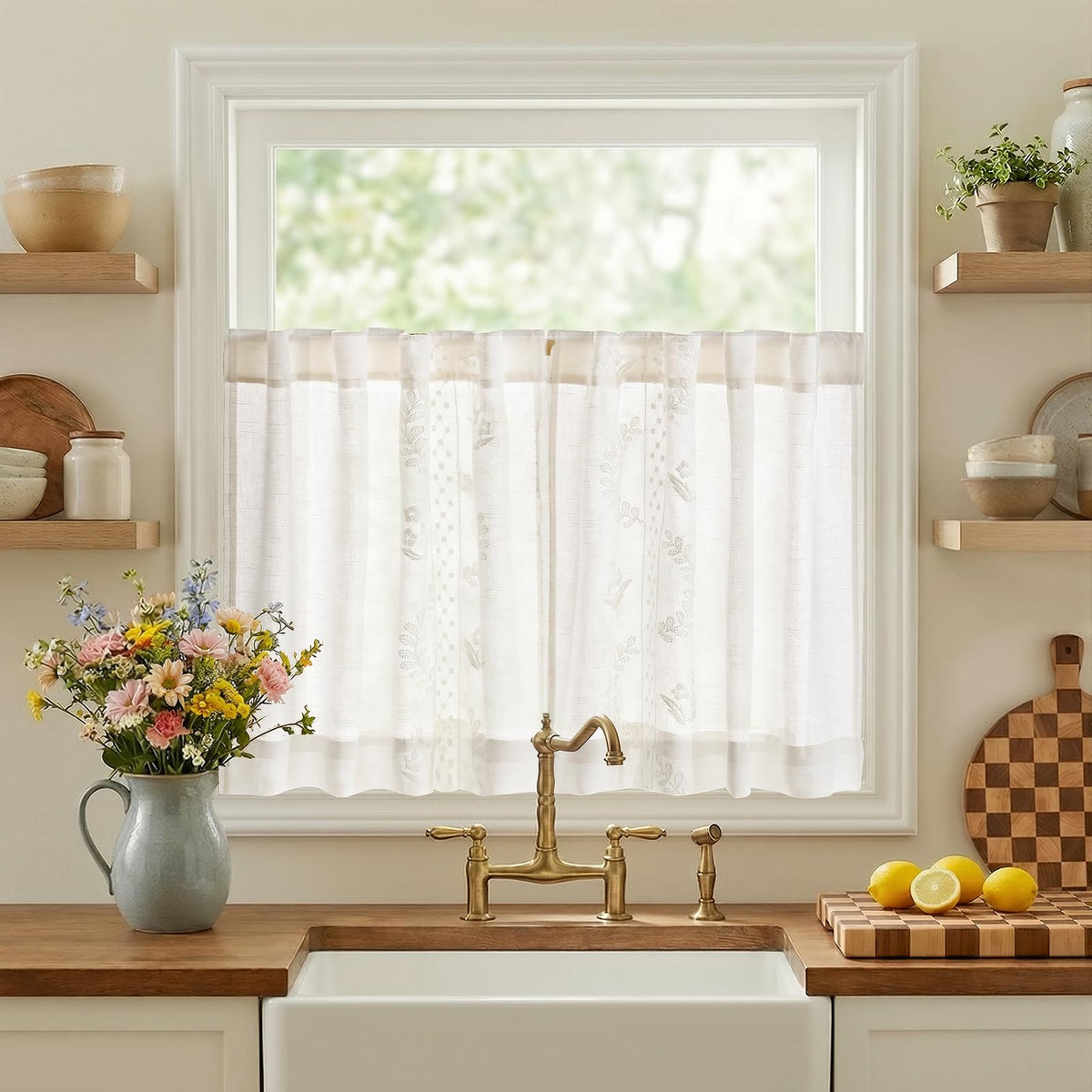 jinchan Beige Floral Linen Kitchen Tier Curtains 50x45 Inch 2 Panels