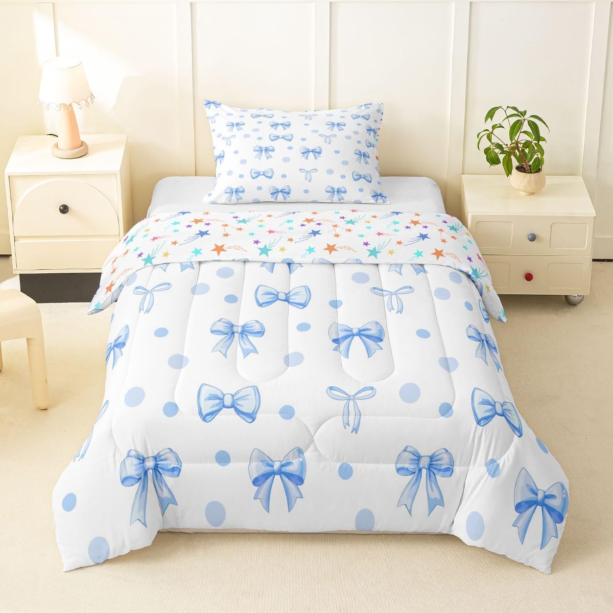 Erosebridal Cute Pink Bow Twin Bedding Set for Girls,Ribbon Bow Knot Comforter Set for Kids Kawaii Room Decor,Princess Bowknot Bed Set Girly Pink Bows Bedding Comforter Sets,1 Pillowcase