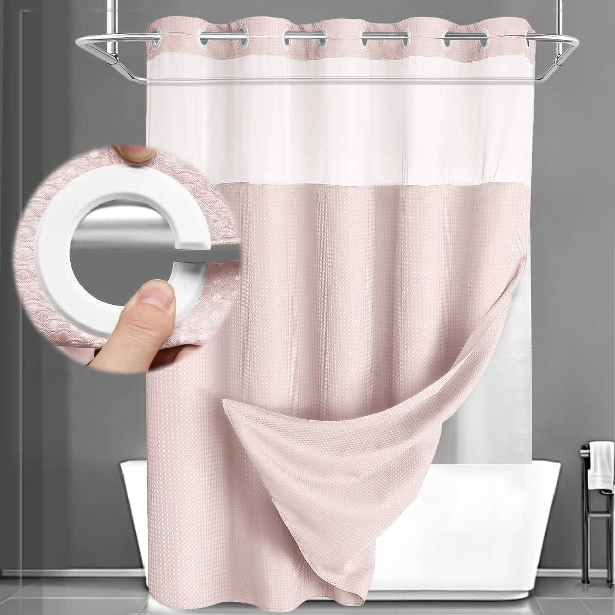 No Hook Shower Curtain with Liner Set Hotel Waffle Burgundy 72W X 75L