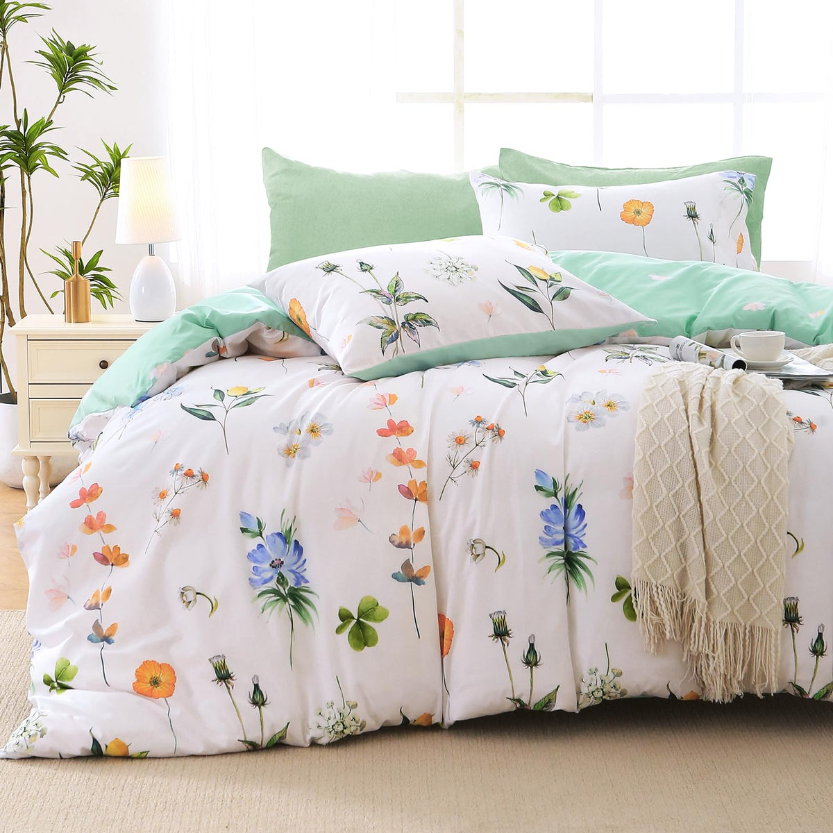 MUXHOMO Queen Comforter Set, 7-Piece Floral Bed in a Bag, Sage Green