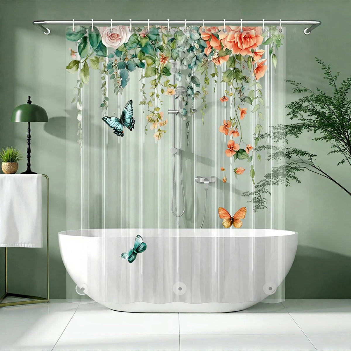 Clear Green Ivy Leaves Shower Curtain Liner, Transparent Plastic Nature Green Botanical Leaf Decorative Waterproof Shower Curtains for Bathroom, 72x72 Weighted Magnetic Shower Curtain Liner with Hooks