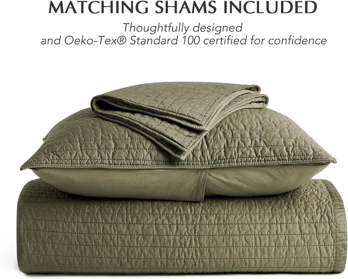 EVERGRACEHOME Cotton Sateen Quilt Set, Queen Size, Olive Green