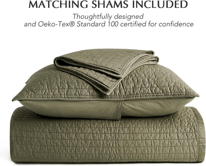 EVERGRACEHOME Cotton Sateen Quilt Set, Queen Size, Olive Green