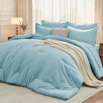 MUXHOMO Full Comforter Set 7 Pieces, Soft Bed in a Bag, Beige