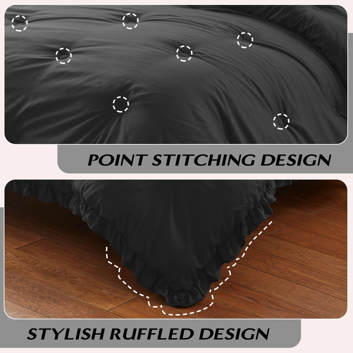 HARBOREST Queen Comforter Ruffle Black, Fluffy Queen Bedding, 3 Pieces Shabby Chic Comforter Set(1 Comforter & 2 Pillow Shams)