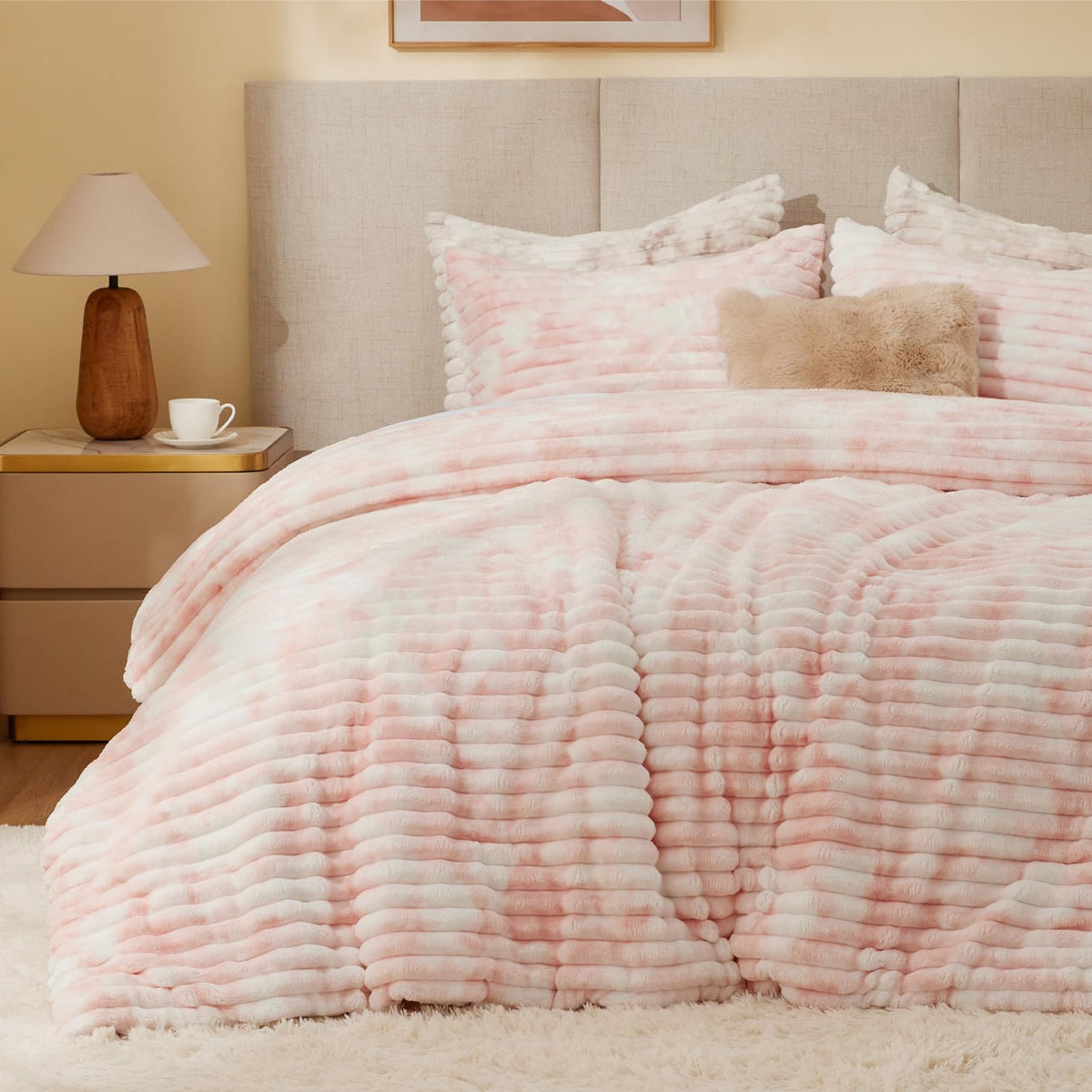 BEDELITE Fleece Queen Comforter Set, Fluffy Bed Set, Pink