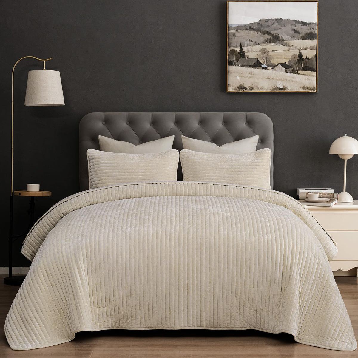 PHF Diamond Pattern Luxury Velvet Quilt Set Queen Size, Sand