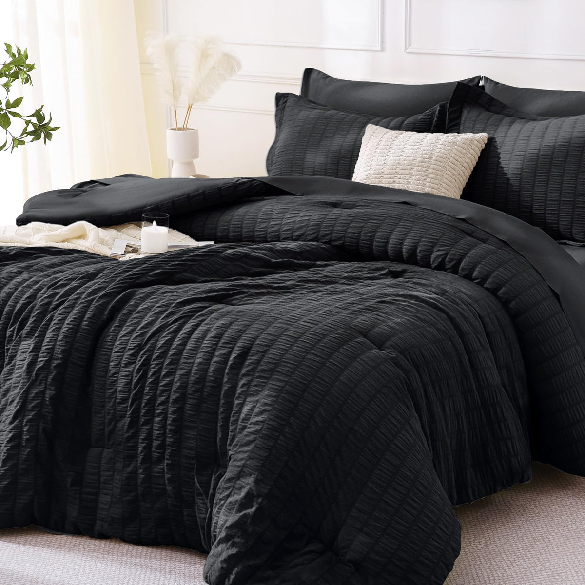 MUXHOMO Queen Comforter Set 7 Pieces, Seersucker Bed in a Bag, Beige