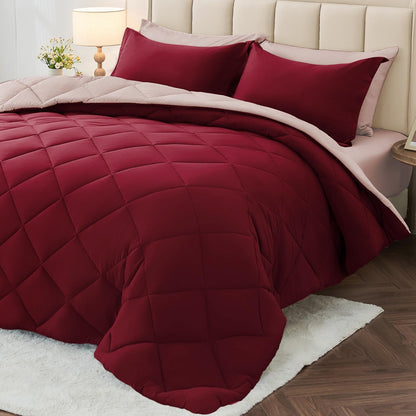 MUXHOMO Queen Comforter Set 7 Pieces, Reversible Bed in a Bag, Red/Black