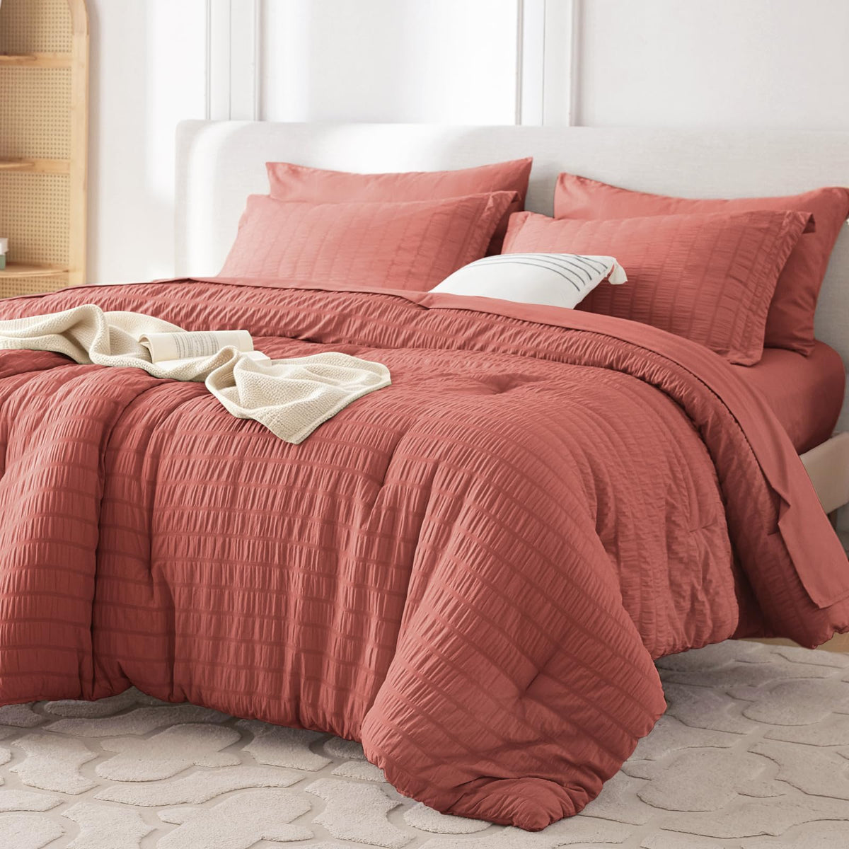MUXHOMO Queen Comforter Set 7 Pieces, Seersucker Bed in a Bag, Beige