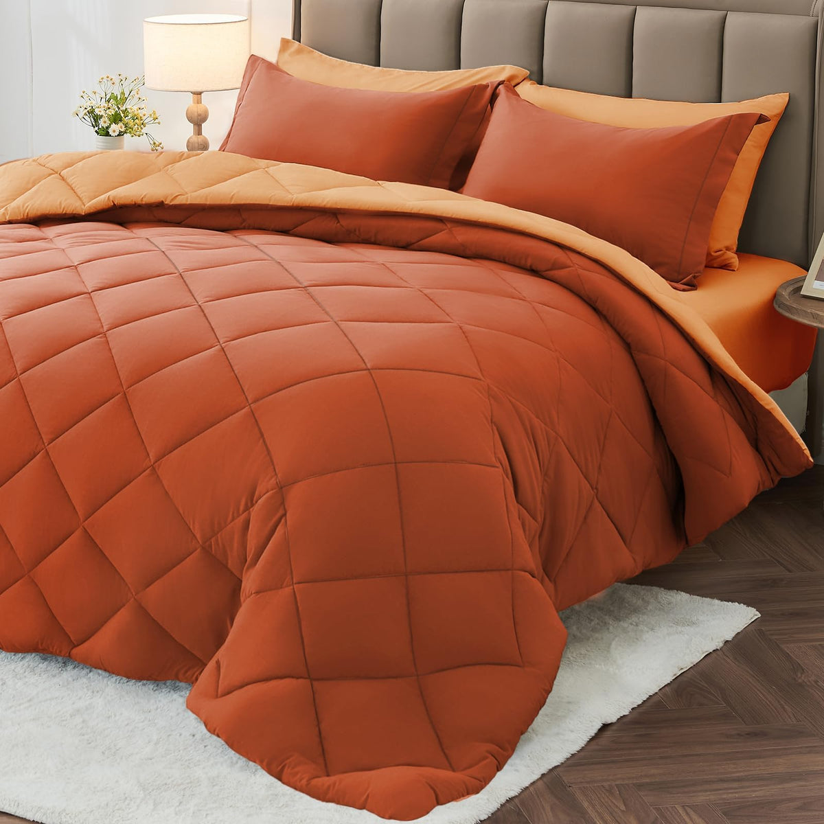 MUXHOMO Queen Comforter Set 7 Pieces, Reversible Bed in a Bag, Red/Black