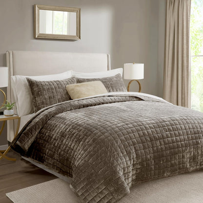 RECYCO Channel Box Stitch Velvet Quilt Set, King Size, Beige