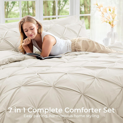 Sasttie Full Size Comforter Set, 7-Piece Bed in a Bag Double, Pintuck Bedding Set for All Season, Includes Comforter, Flat Sheet, Fitted Sheet, Pillowcases and Pillowshams, Beige