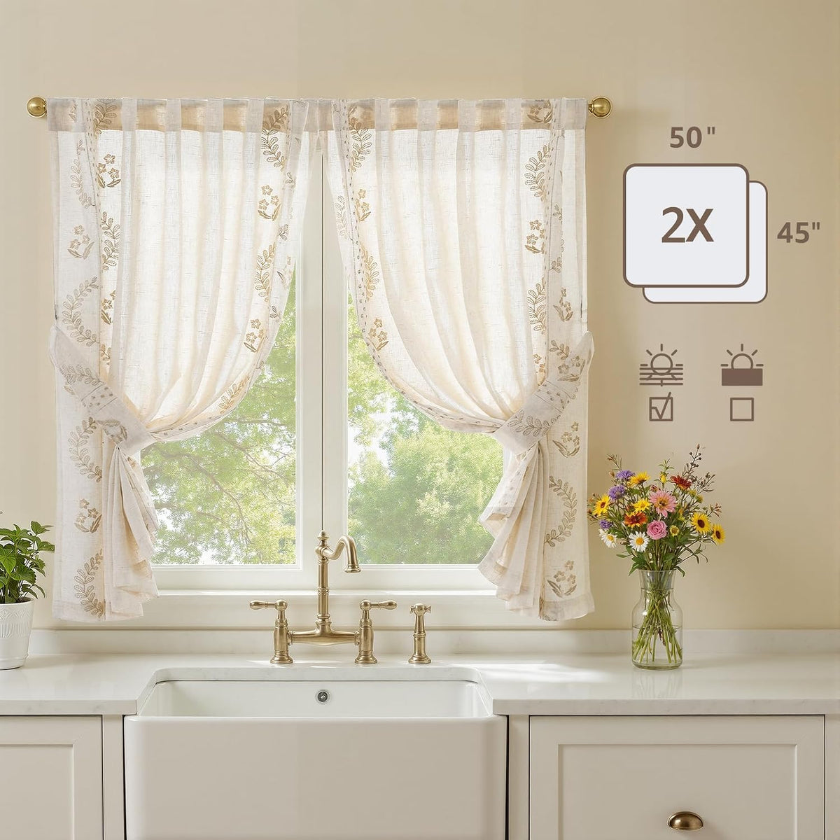 jinchan Beige Floral Linen Kitchen Tier Curtains 50x45 Inch 2 Panels