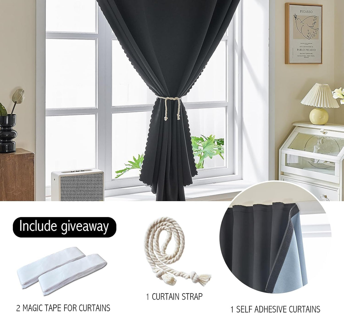 AJAZZ Self Adhesive Curtains 100% Blackout Shades Window Cover Sticky Curtain Portable Easy Open Black Out Curtains for Bedroom Living Room No Drilling (Black, 59" W x 63" L 1 Panel)
