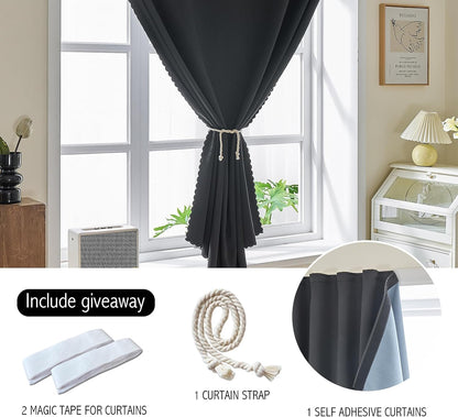 AJAZZ Self Adhesive Curtains 100% Blackout Shades Window Cover Sticky Curtain Portable Easy Open Black Out Curtains for Bedroom Living Room No Drilling (Black, 59" W x 63" L 1 Panel)