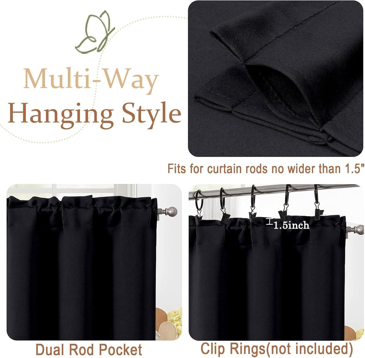 Black Cafe Curtains 24 Inch Length, Light Blocking Short Kitchen Window Curtains Over Sink, Half Window Blackout Drapes Tier Rod Pocket for Bathroom Basement Cabinet, 2x30Wx24L Inches
