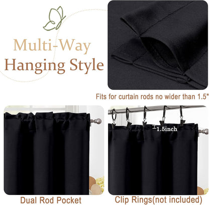 Black Cafe Curtains 24 Inch Length, Light Blocking Short Kitchen Window Curtains Over Sink, Half Window Blackout Drapes Tier Rod Pocket for Bathroom Basement Cabinet, 2x30Wx24L Inches