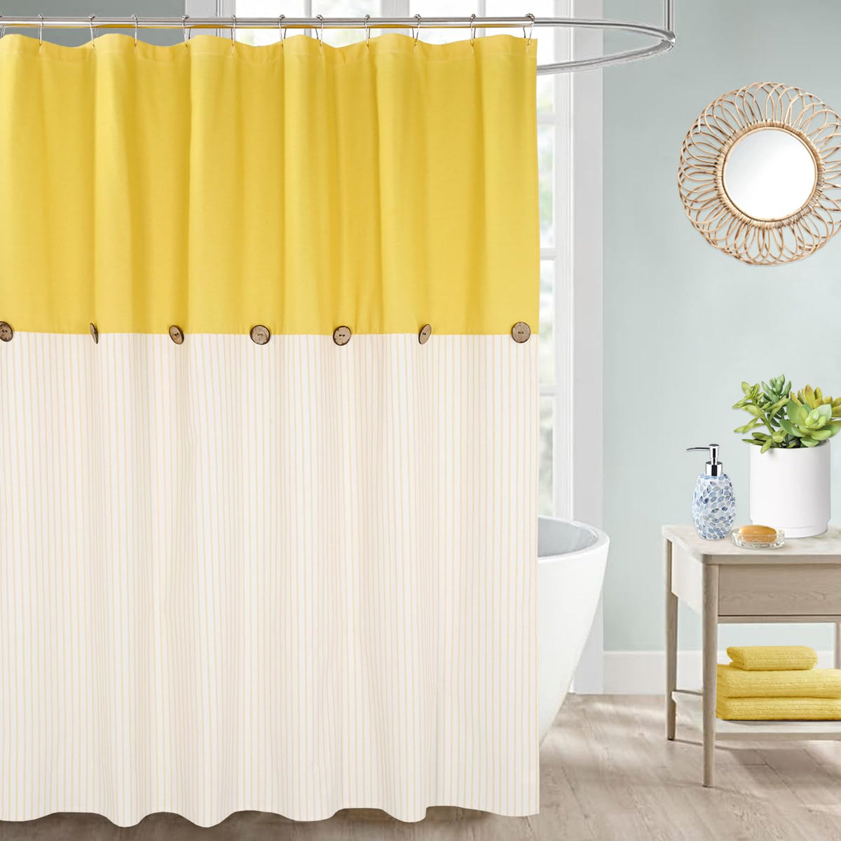 DOSLY IDÉES Farmhouse Shower Curtain,Beige and Gray Stripe,Button Curtain,Linen and Cotton Woven Fabric,Rustic Charm Country Chic Style,72x72 in