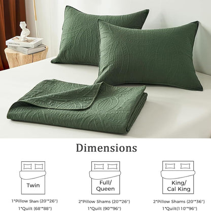 akkialla Queen Quilt Bedding Set,Olive Green Ultrasonic Full/Queen Quilt Set,Lightweight Soft Bedspread Coverlet,Modern Style Coin Pattern Bed Cover for All Seasons,3 Piece(1 Quilt,2 Pillow Shams)