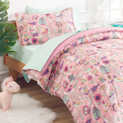 SLEEP ZONE Comforter Set Bed in A Bag, 7 Pieces Girls, Cattoon Pattern for Kids, Toddlers, Teens, Ultra Soft and Washable (Garden Secret,Full/Queen)