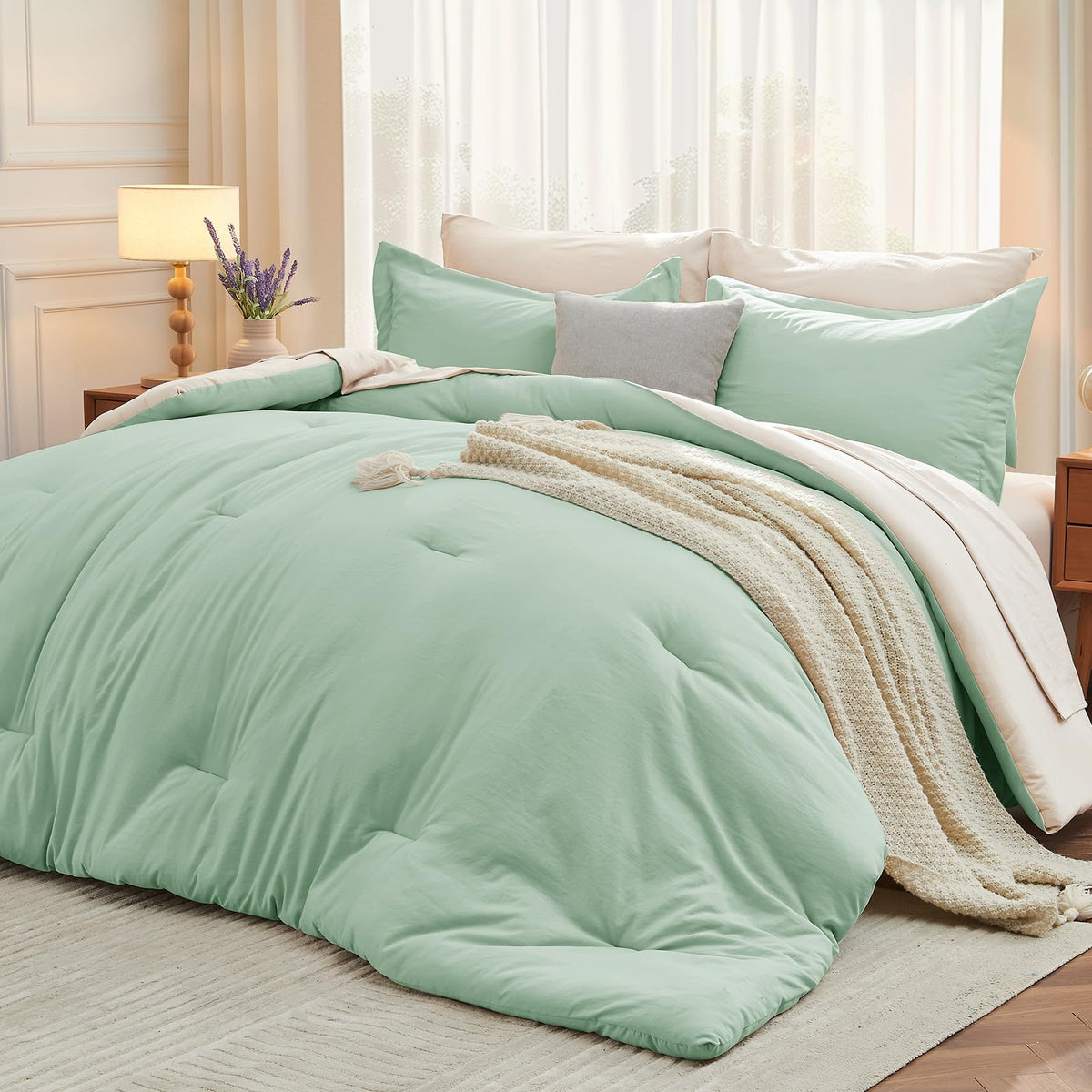 MUXHOMO Full Comforter Set 7 Pieces, Soft Bed in a Bag, Beige