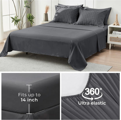 Full Comforter Set - 7PCS Bed in a Bag, Seersucker Bedding Set, Dark Grey