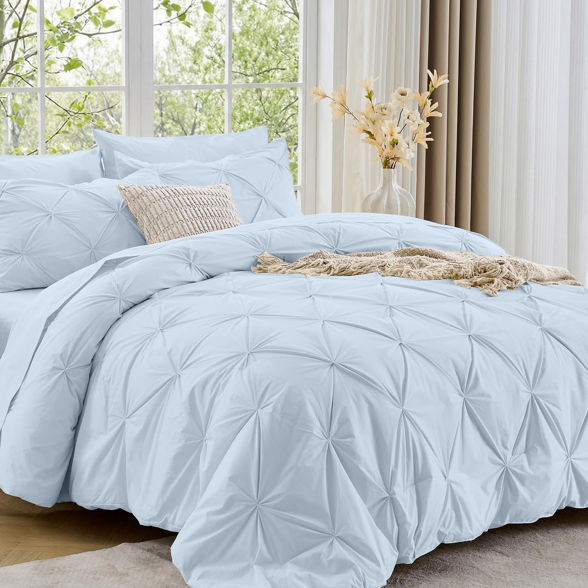 Sasttie Full Size Comforter Set, 7-Piece Bed in a Bag Double, Pintuck Bedding Set for All Season, Includes Comforter, Flat Sheet, Fitted Sheet, Pillowcases and Pillowshams, Beige
