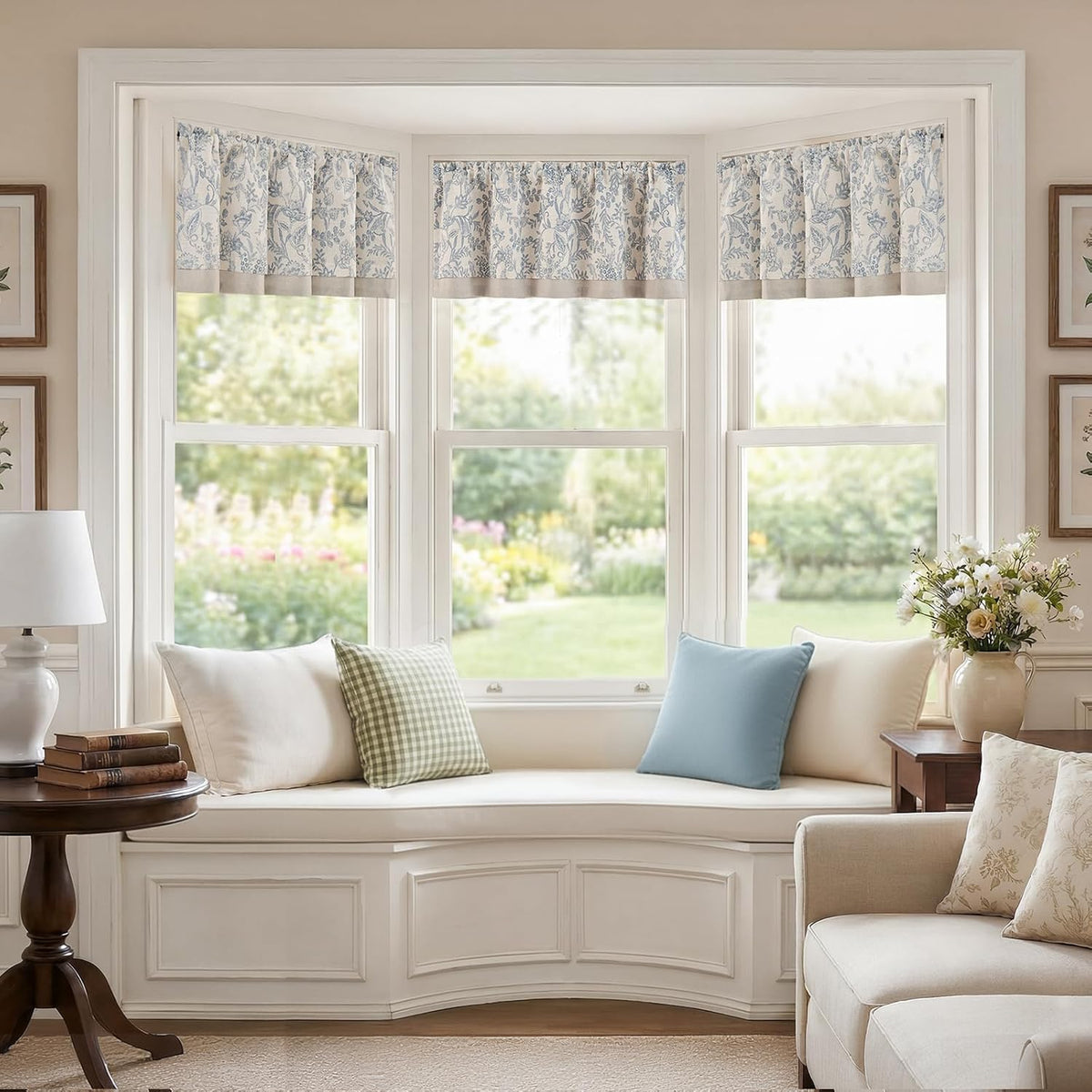 jinchan Linen Valance Curtain Farmhouse 16 Inch 1 Panel Blue on Beige