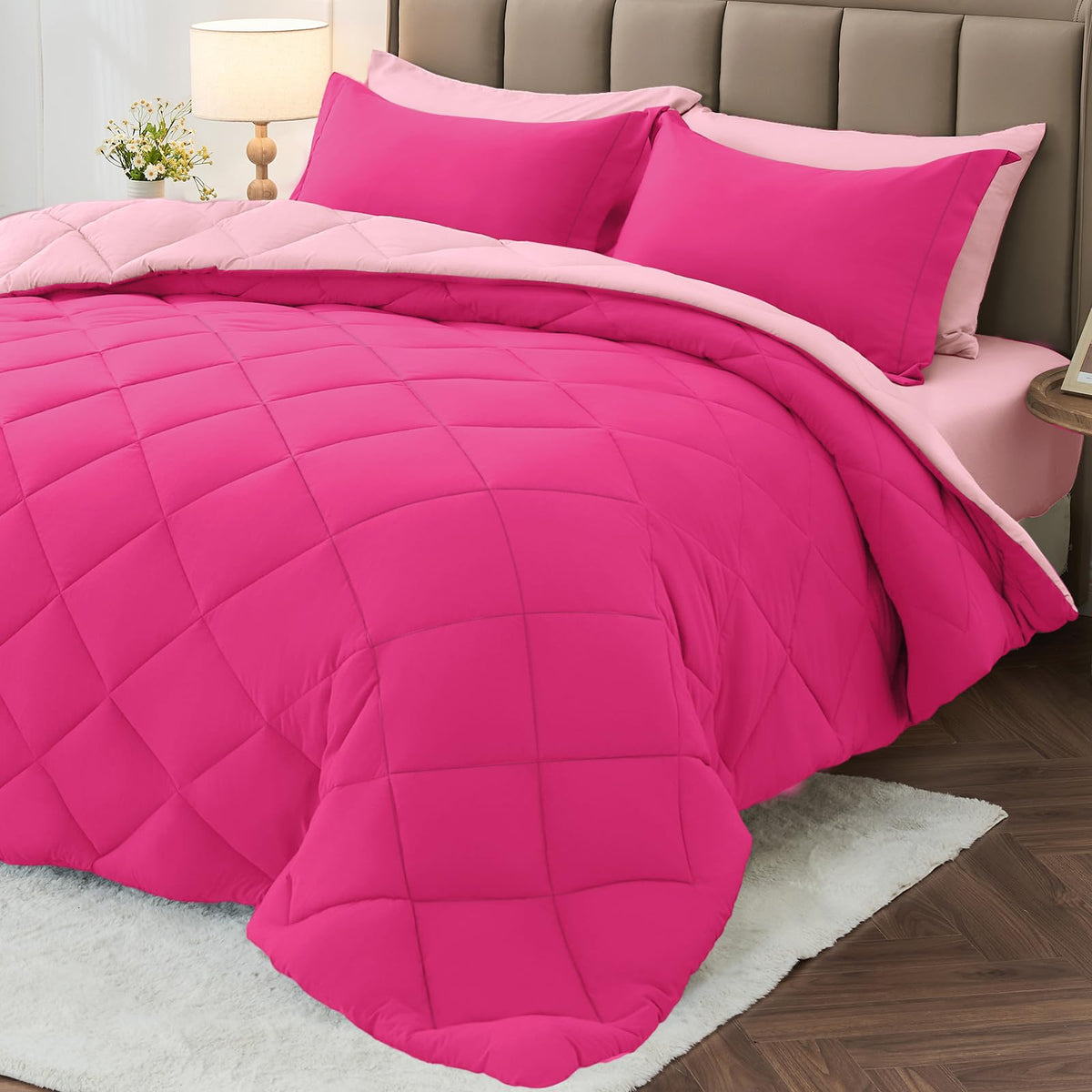 MUXHOMO Queen Comforter Set 7 Pieces, Reversible Bed in a Bag, Red/Black