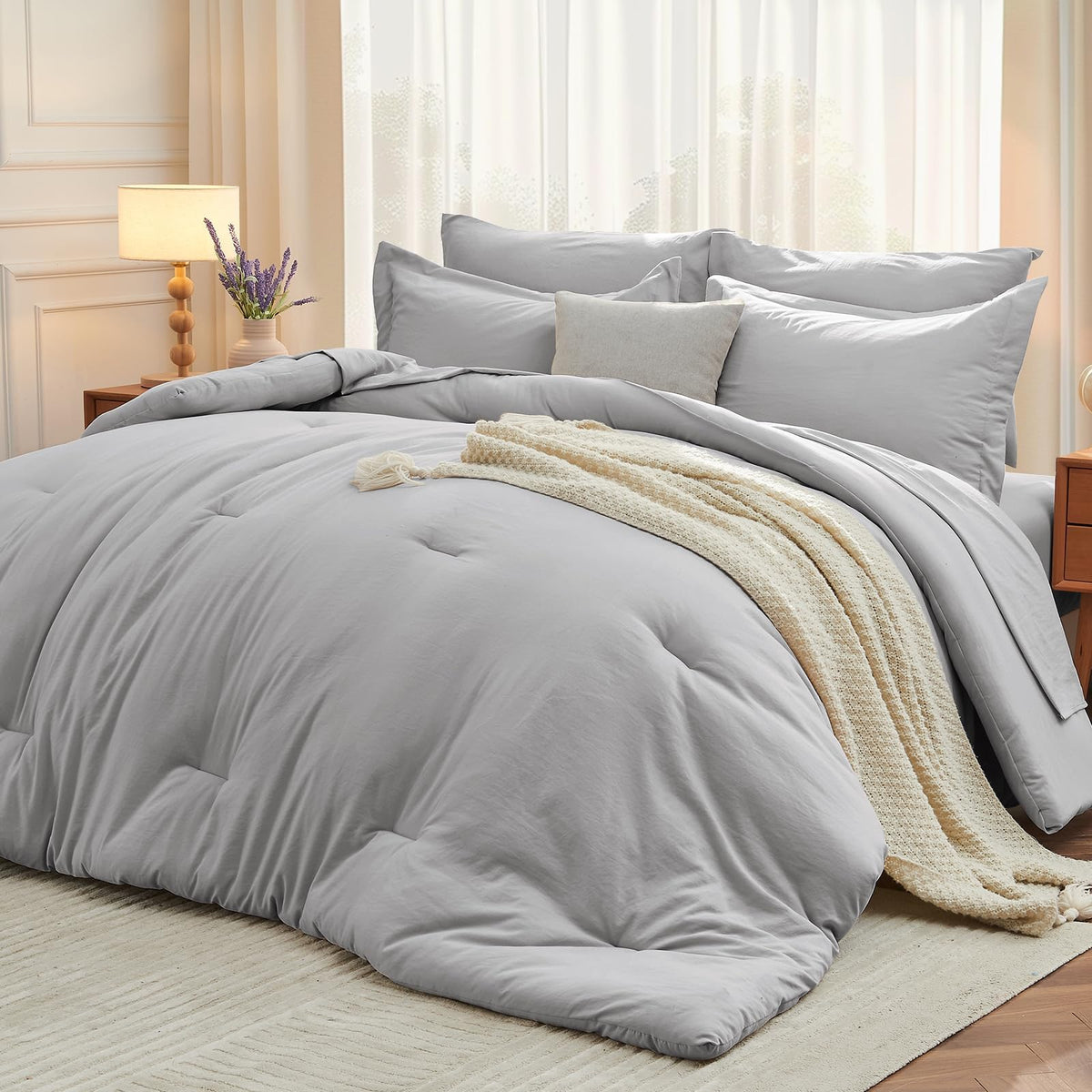 MUXHOMO Queen Comforter Set 7 Pieces, Soft Bed in a Bag, Beige