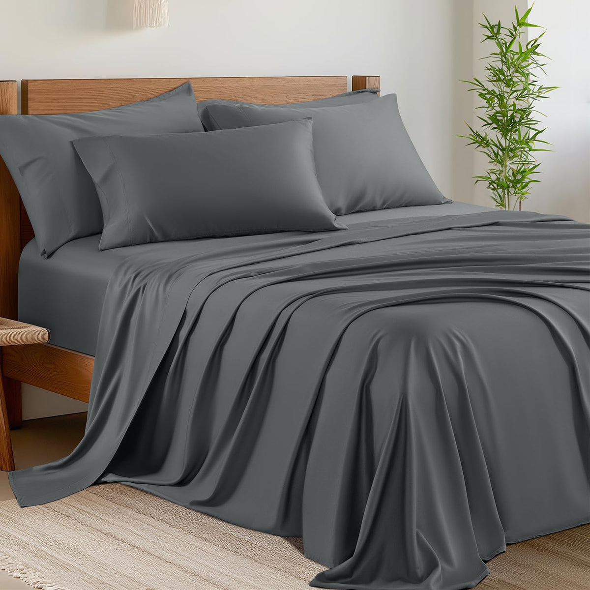 Shilucheng 6 Piece Queen Sheet Sets, Cooling Sheets, Dark Grey