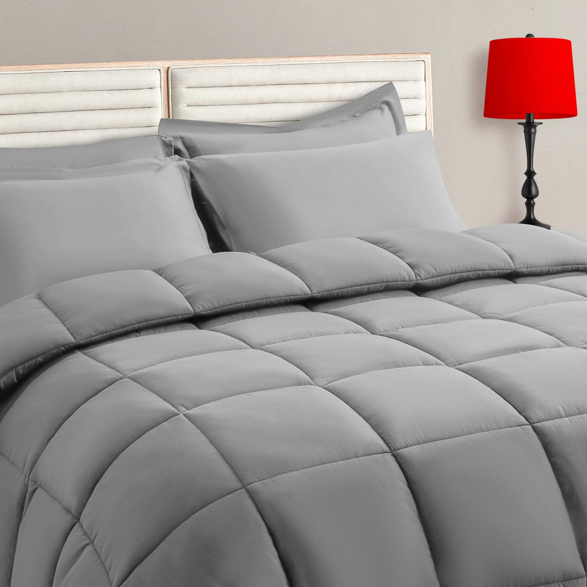 TAIMIT Full Size Comforter Set - 7 Pieces, Bed in a Bag Bedding Sets with All Season Soft Quilted Warm Fluffy Reversible Comforter,Flat Sheet,Fitted Sheet,2 Pillow Shams,2 Pillowcases,Dark Grey