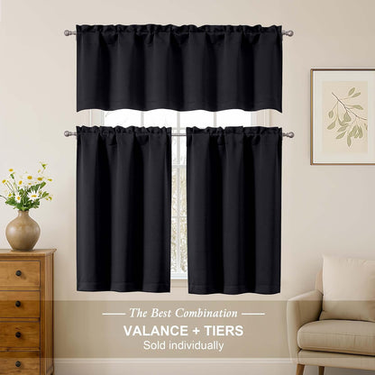 Black Cafe Curtains 24 Inch Length, Light Blocking Short Kitchen Window Curtains Over Sink, Half Window Blackout Drapes Tier Rod Pocket for Bathroom Basement Cabinet, 2x30Wx24L Inches