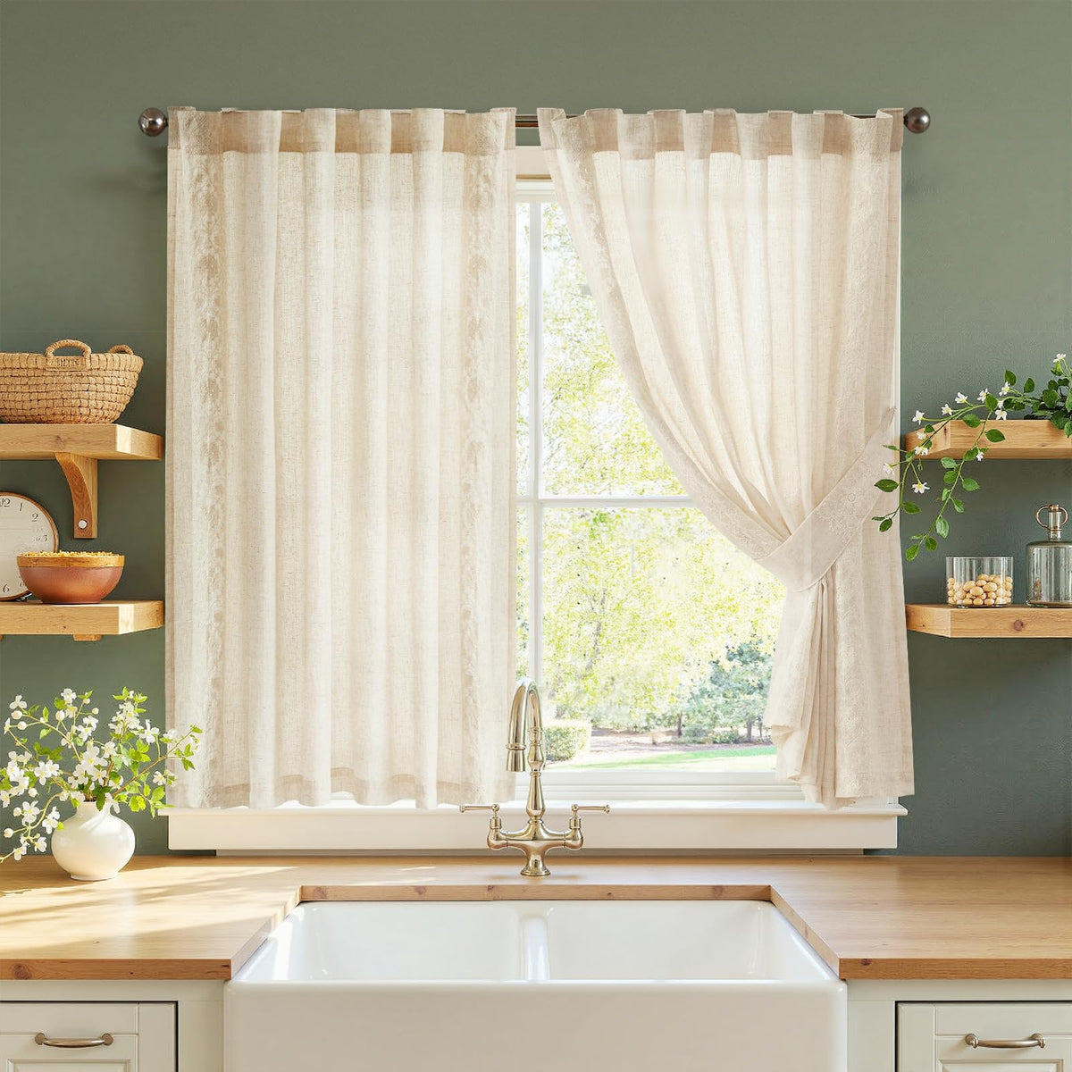 jinchan Beige Floral Linen Kitchen Tier Curtains 50x45 Inch 2 Panels