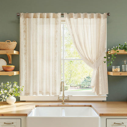 jinchan Beige Floral Linen Kitchen Tier Curtains 50x45 Inch 2 Panels